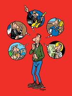 Affiche du concours sur fonds rouge où l'on voit un personnage qui réfléchit à qui il pourrait être, 5 bulles sont autour de lui le représentant dans différentes situations : aventurier, président de la République, guitaristen footballeur, ou millionnaire